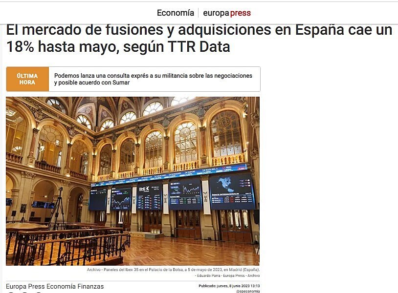 El mercado de fusiones y adquisiciones en Espaa cae un 18% hasta mayo, segn TTR Data